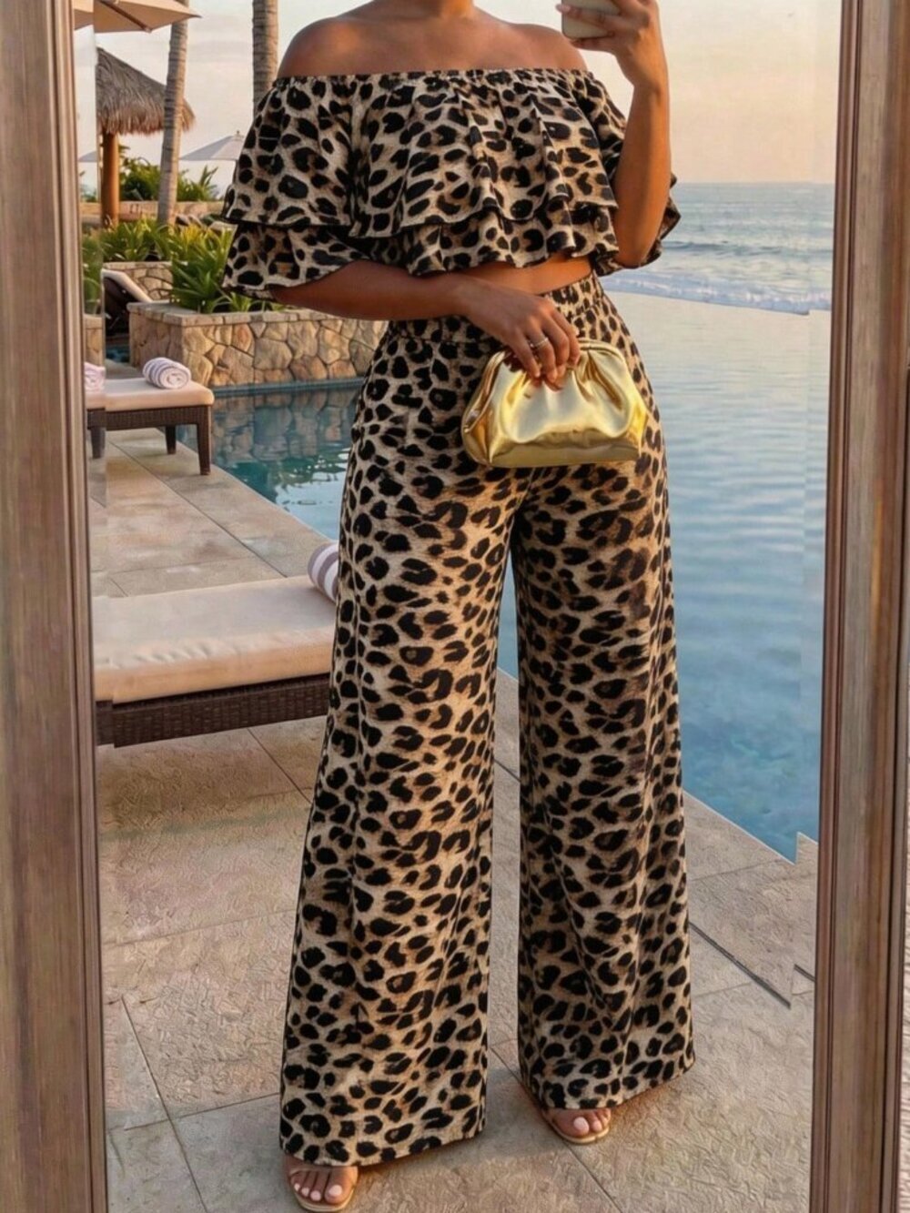 Multicolor Boho Women's Leopard Print Off-Shoulder Top & Wide-Leg Pants Set